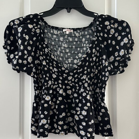 Lottie Moss Black Daisy Print Smocked Puff Sleeve Top M - Picture 1 of 7